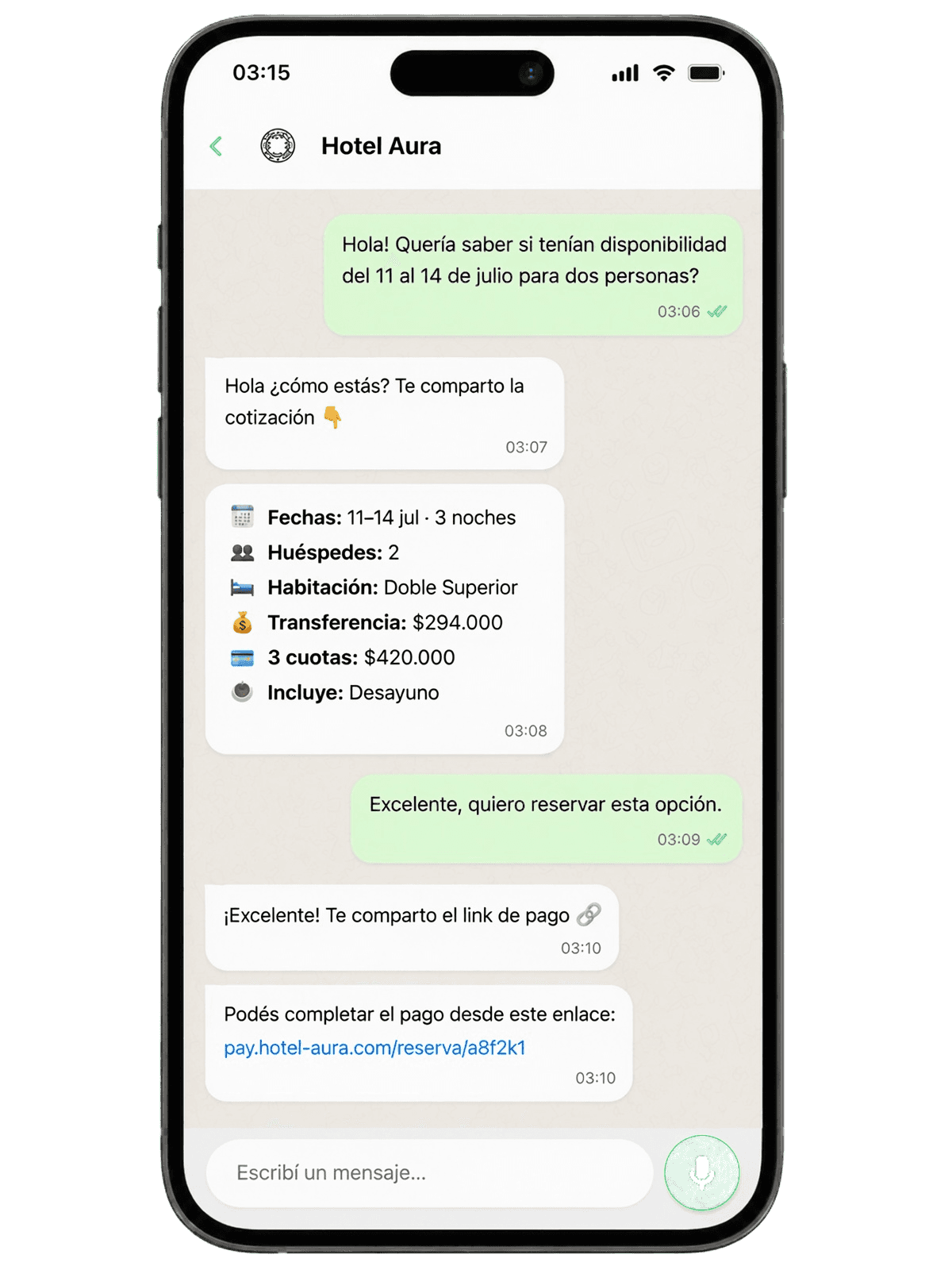 Chat de WhatsApp: el recepcionista de IA cotiza y avanza la reserva